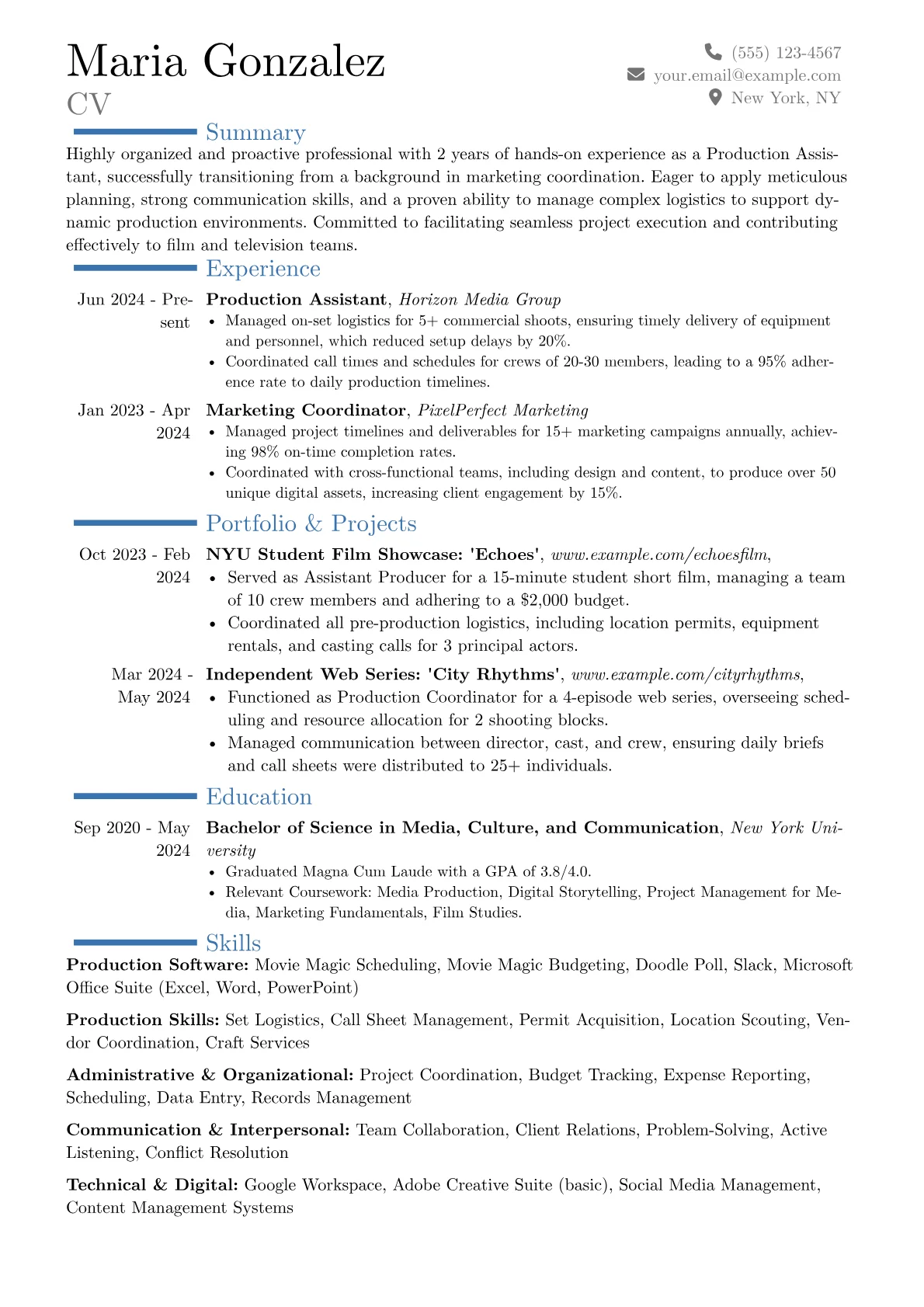 Entry Level Production Assistant resume example, Career changer, page 1