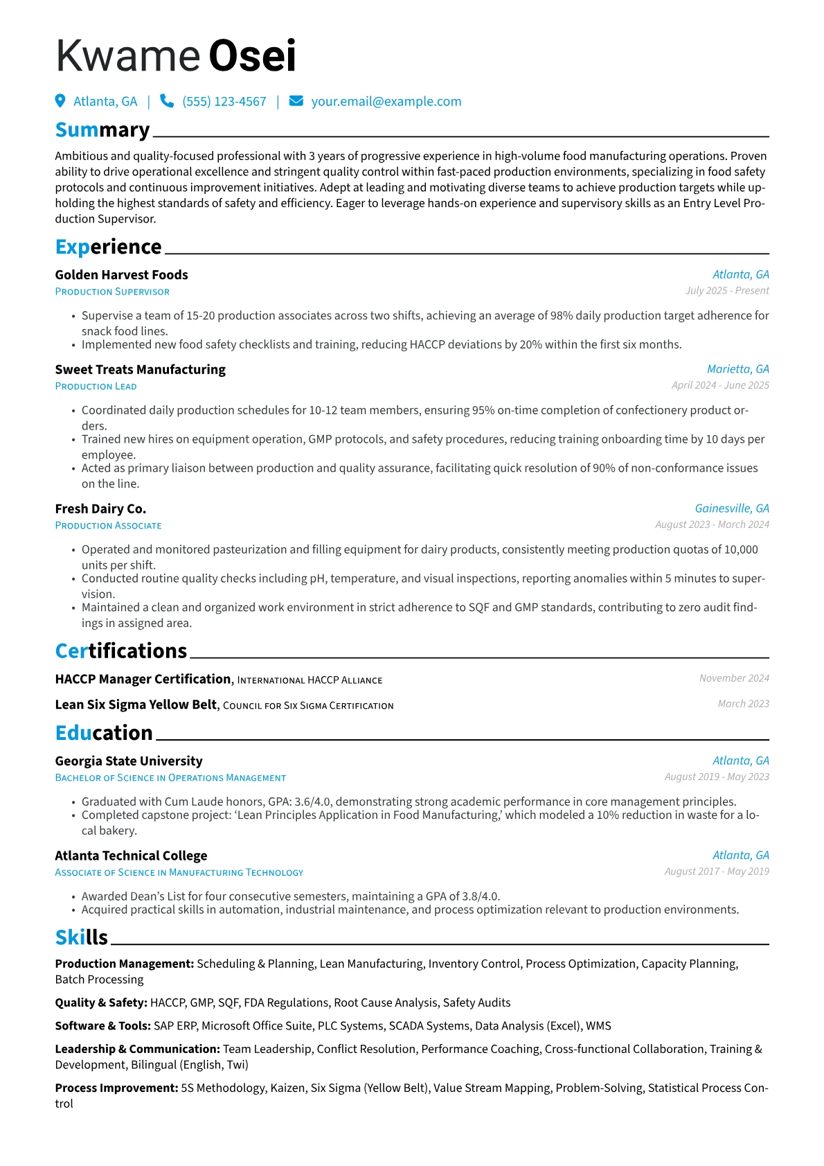 Entry Level Production Supervisor resume example, Entry Level Production, page 1