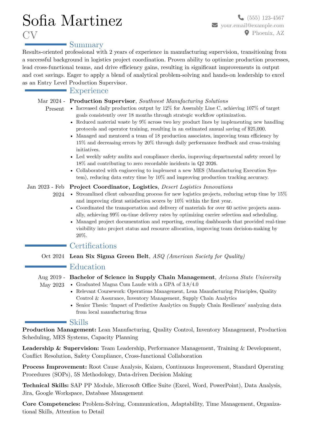 Entry Level Production Supervisor resume example, Career changer, page 1
