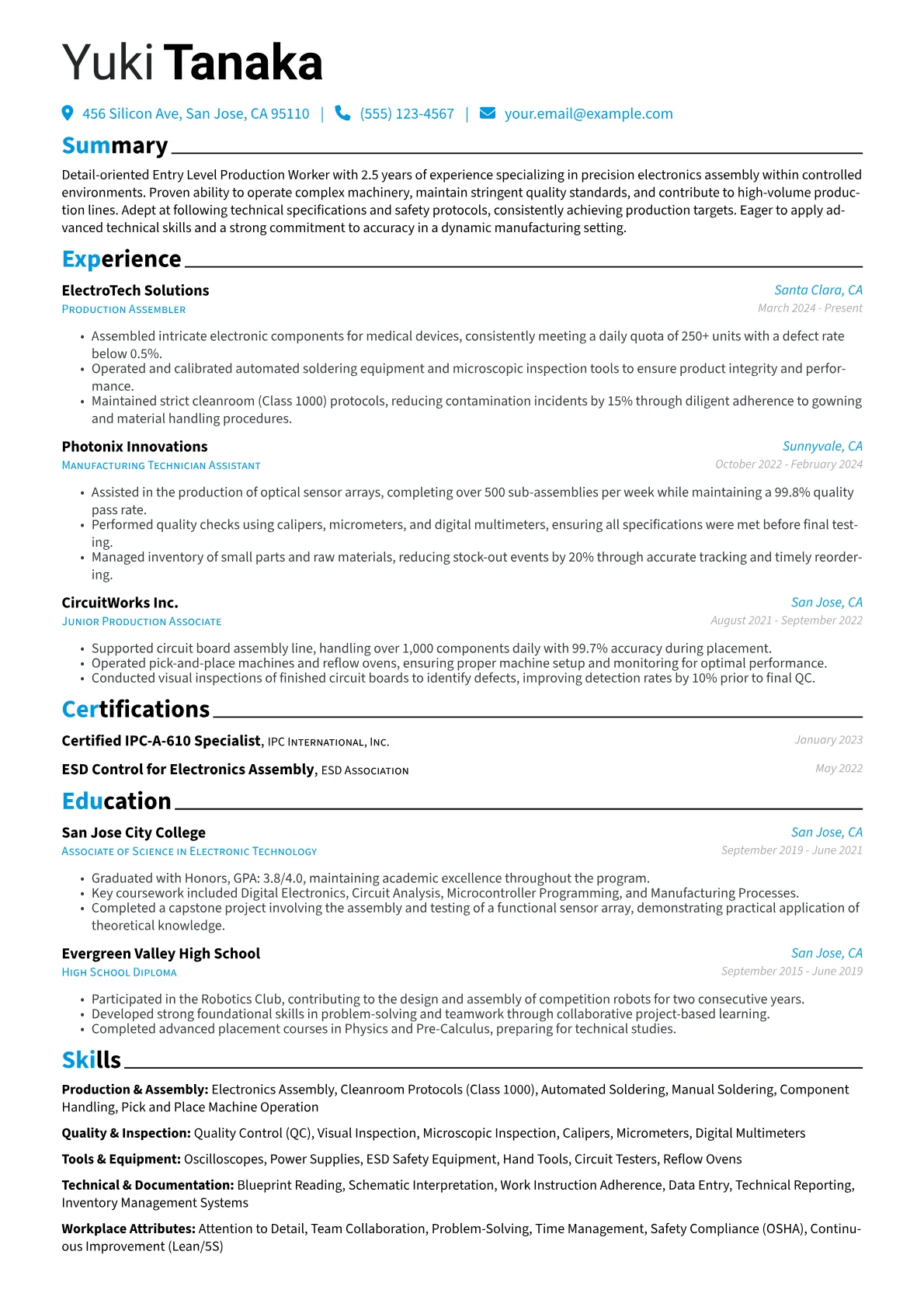 Entry Level Production Worker resume example, Electronics Assembly, page 1