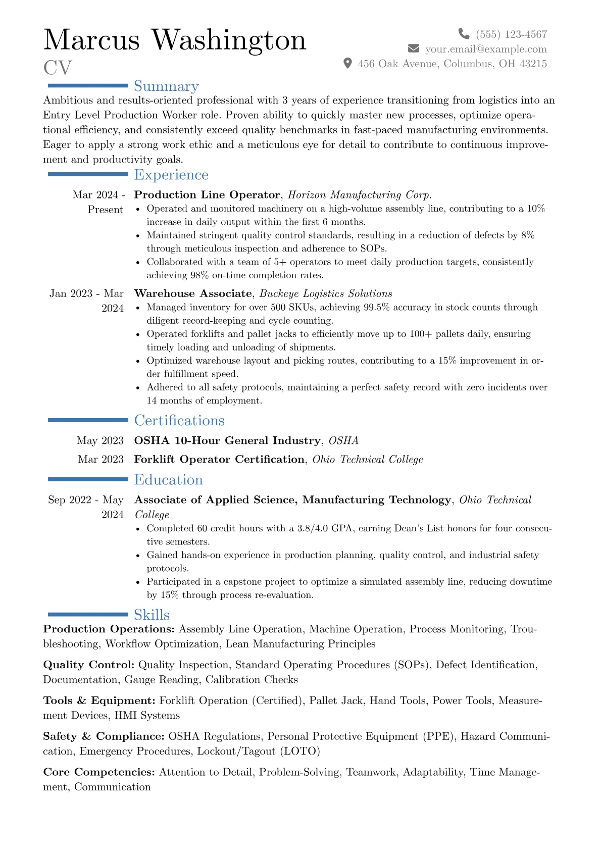 Entry Level Production Worker resume example, Career changer, page 1