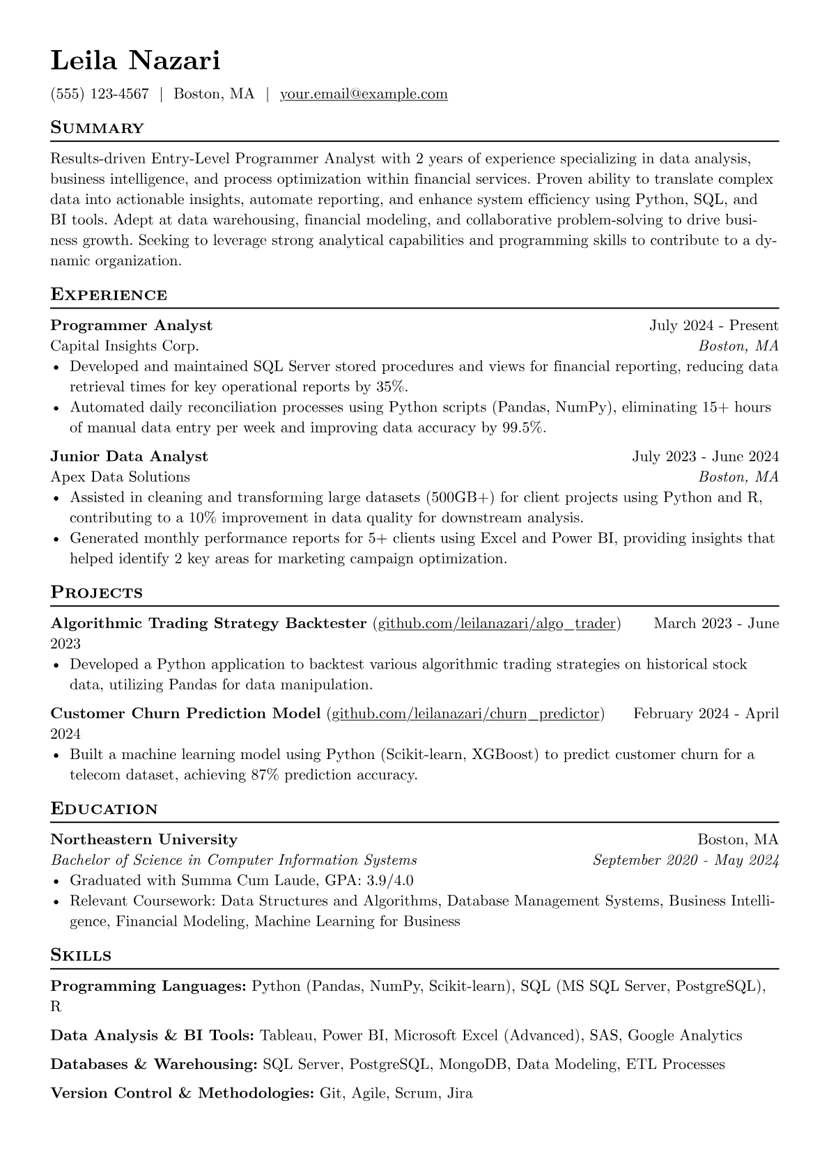 Entry-Level Programmer Analyst resume example, Financial Data Analyst, page 1