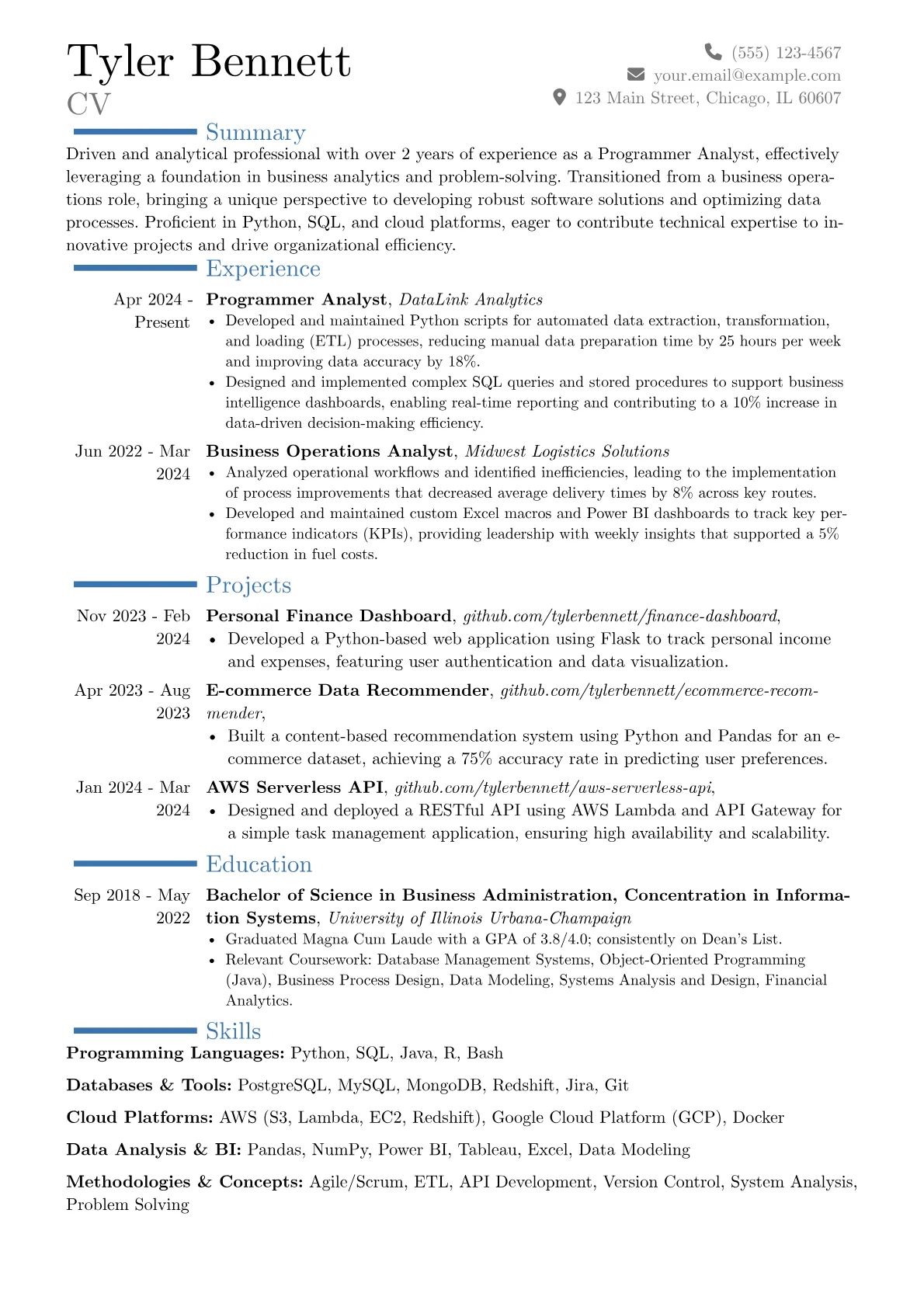 Entry-Level Programmer Analyst resume example, Career changer, page 1