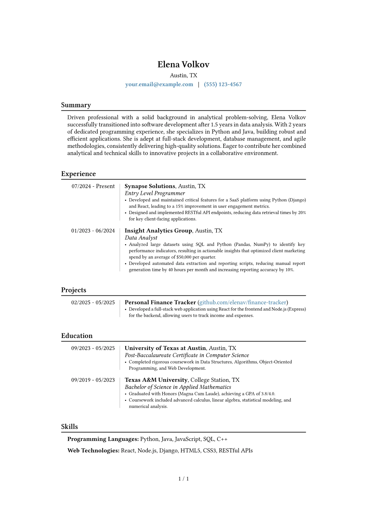 Entry Level Programmer resume example, Career changer, page 1