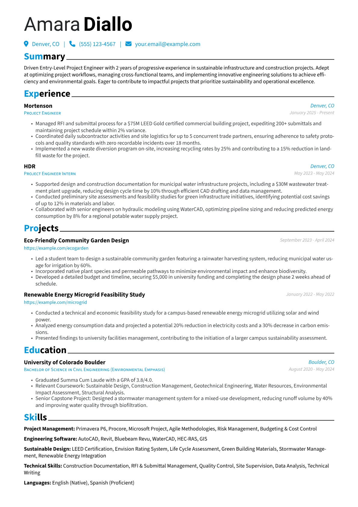 Entry-Level Project Engineer resume example, Entry-Level Project, page 1