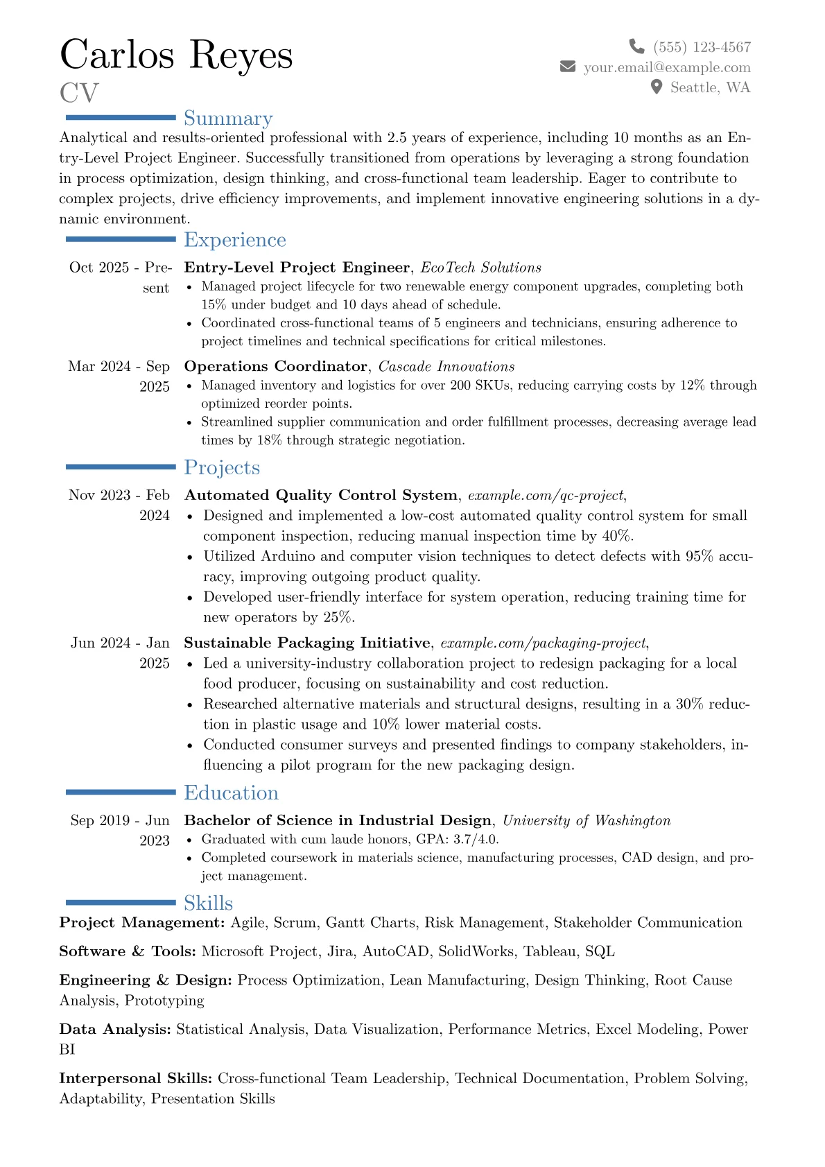 Entry-Level Project Engineer resume example, Career changer, page 1