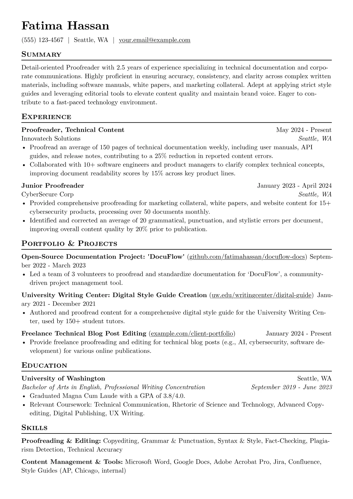 Entry-Level Proofreader resume example, Entry-Level Technical, page 1