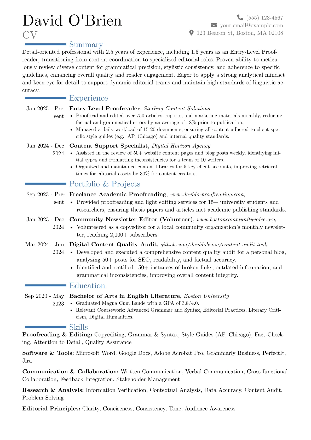 Entry-Level Proofreader resume example, Career changer, page 1