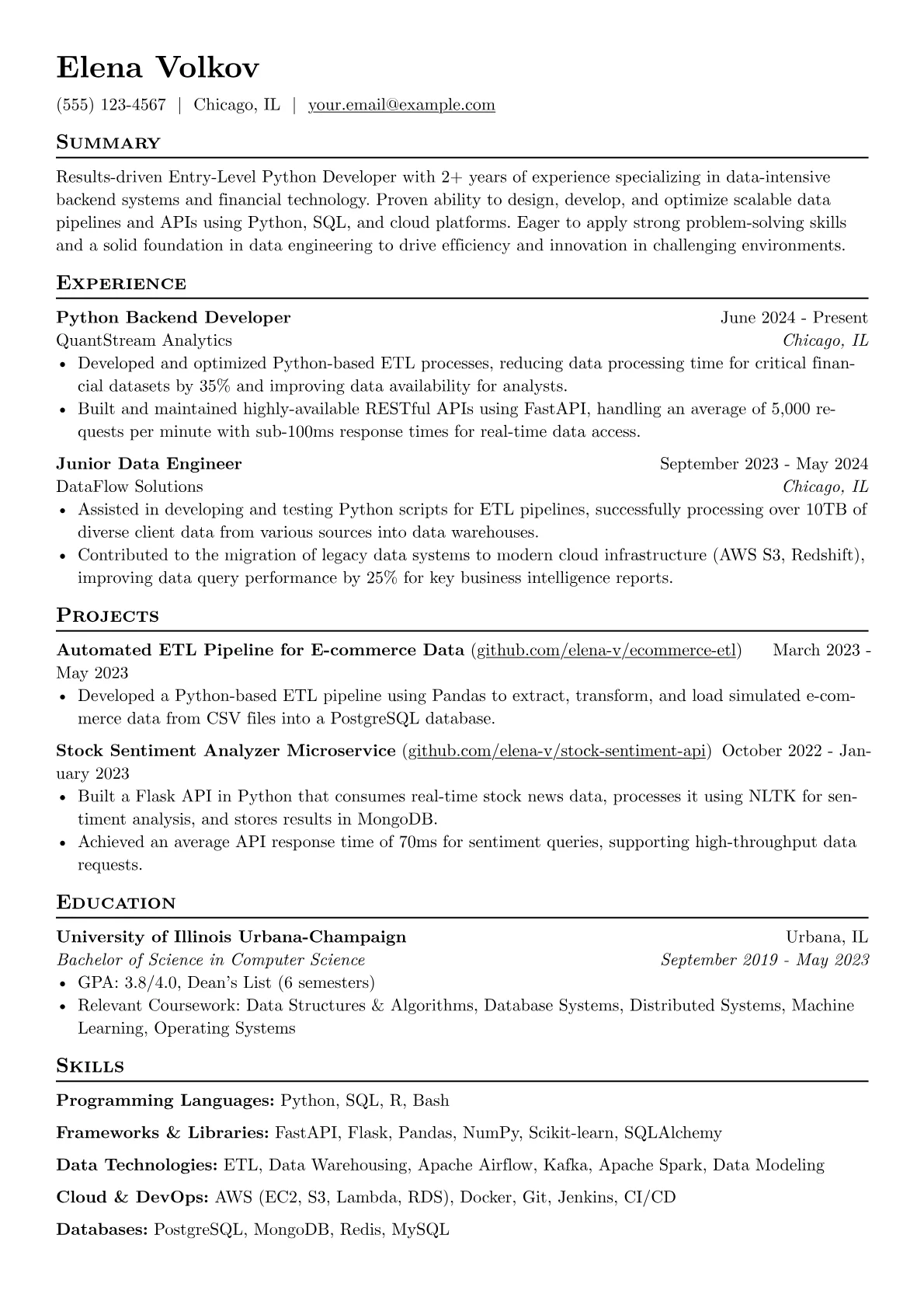 Entry-Level Python Developer resume example, Entry-Level Python, page 1