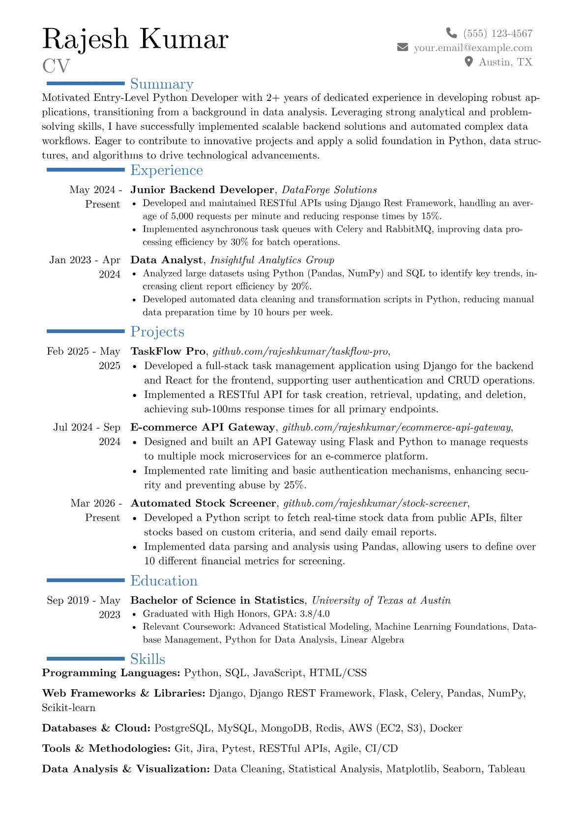 Entry-Level Python Developer resume example, Career changer, page 1