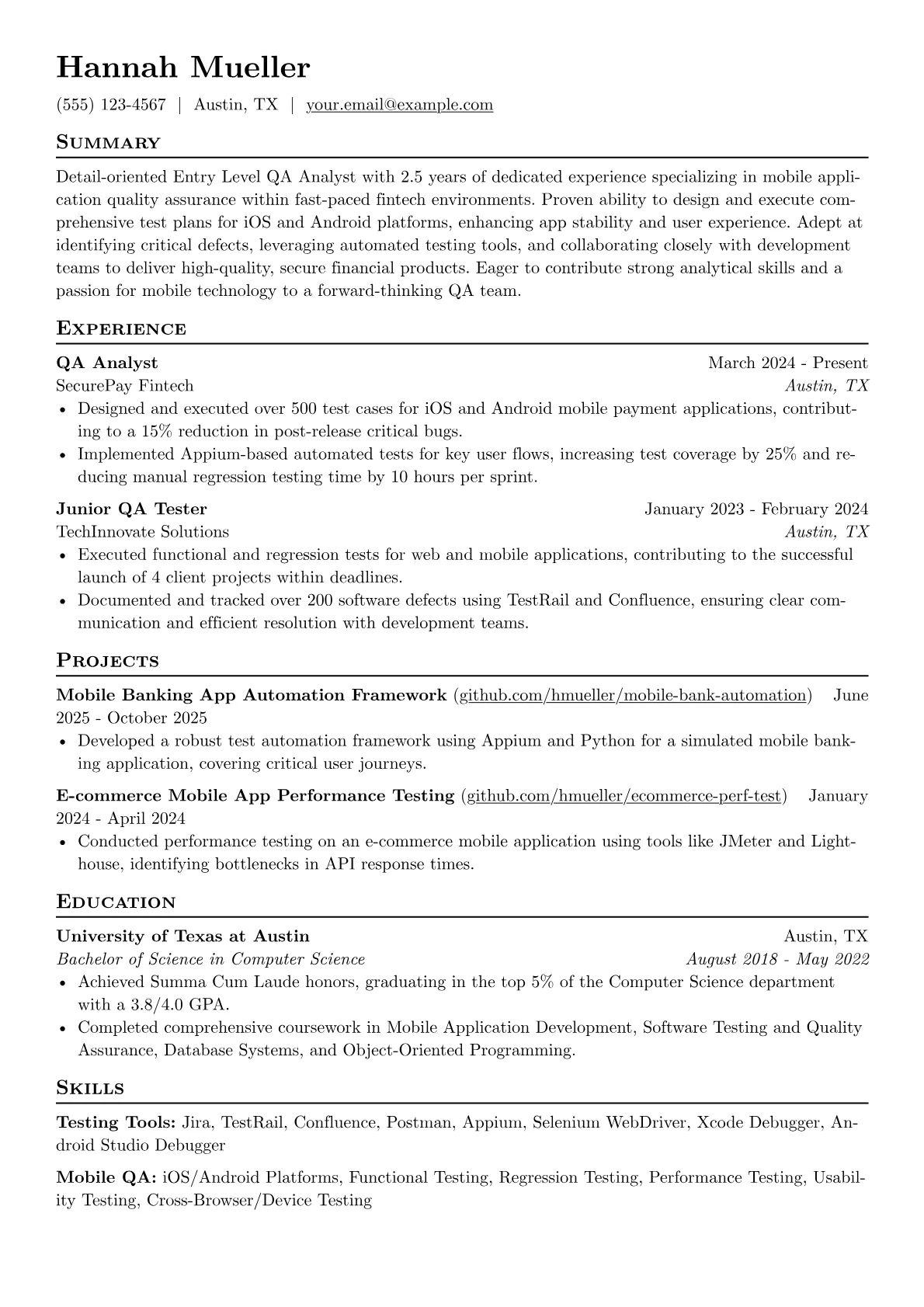 Entry Level QA Analyst resume example, Entry Level Mobile QA, page 1