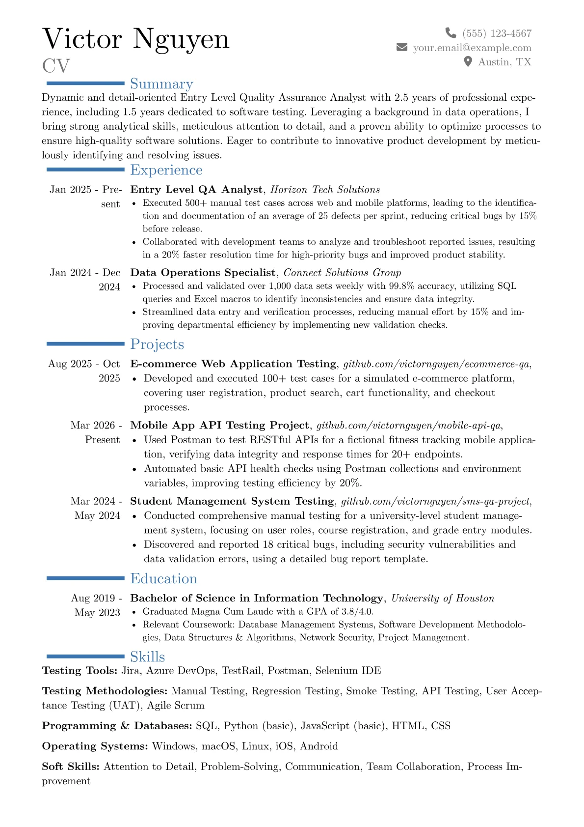 Entry Level QA Analyst resume example, Career changer, page 1