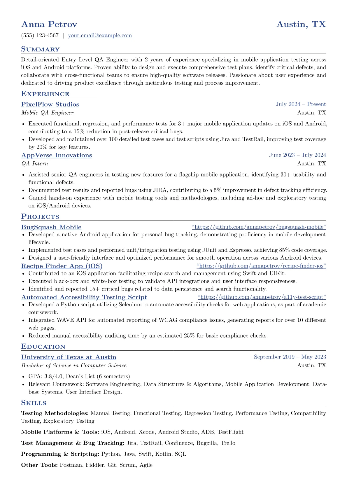 Entry Level QA Engineer resume example, Entry Level Mobile QA, page 1