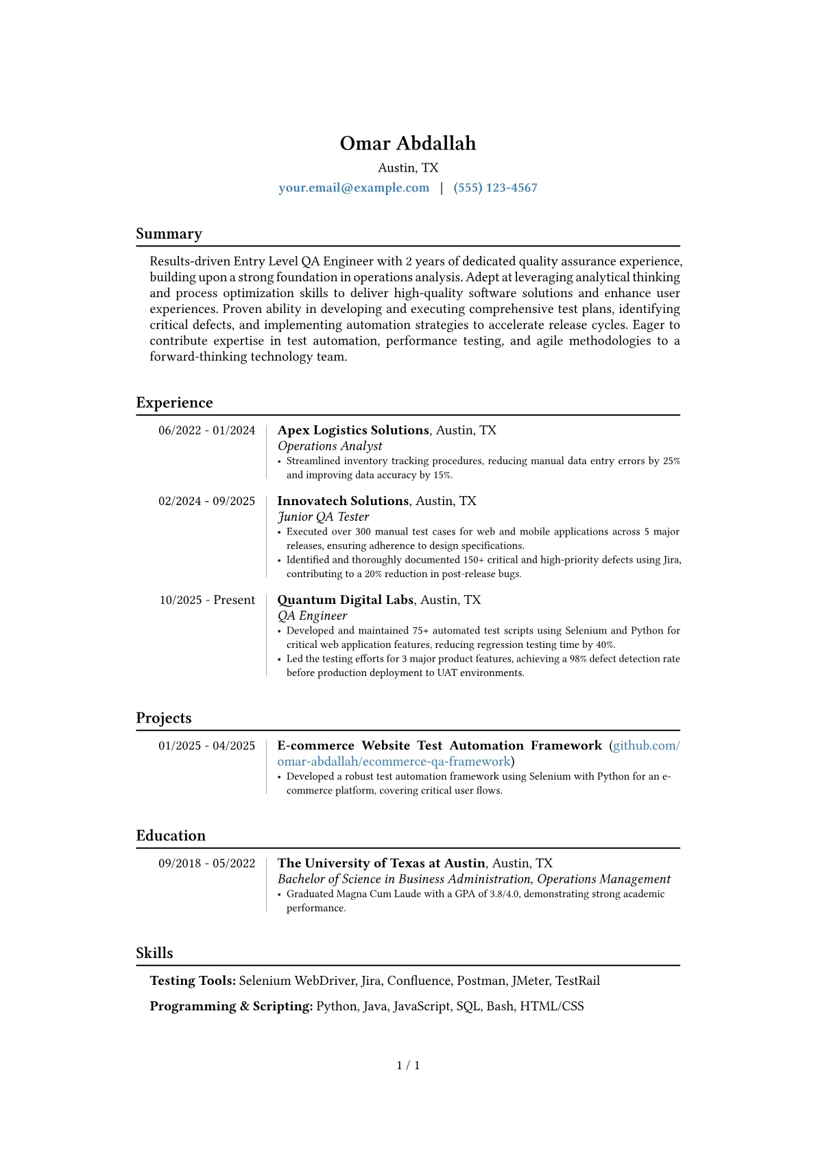 Entry Level QA Engineer resume example, Career changer, page 1