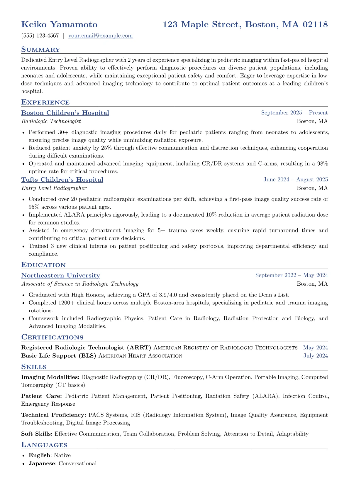 Entry Level Radiographer resume example, Pediatric Radiographer, page 1