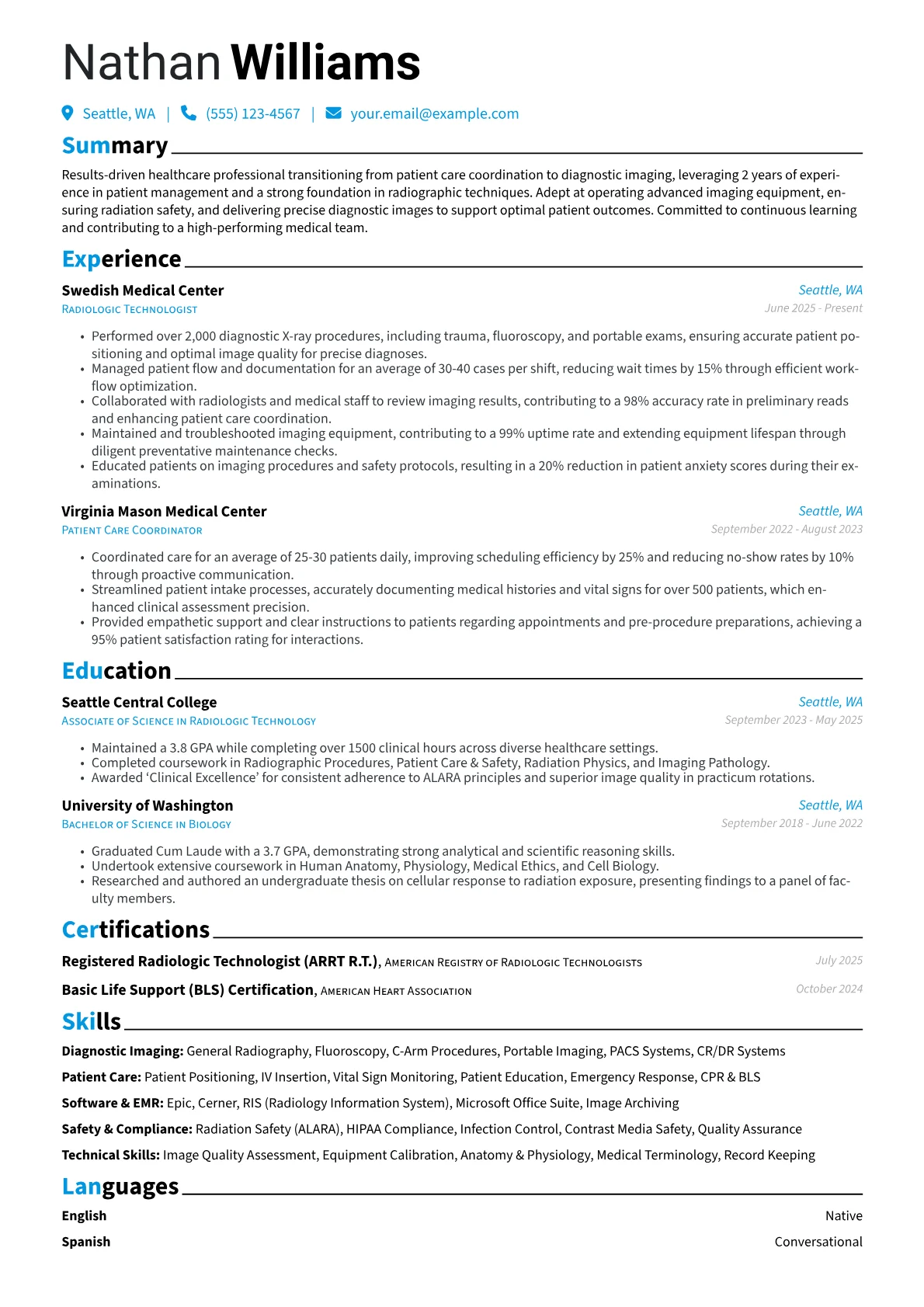 Entry Level Radiographer resume example, Career changer, page 1