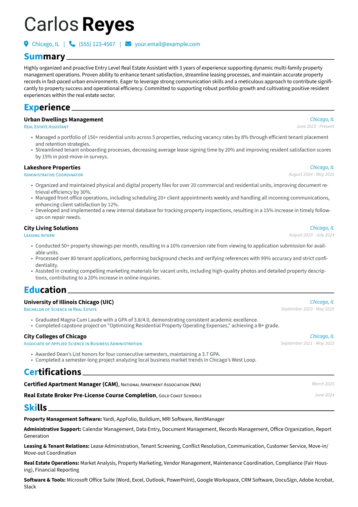 Entry Level Real Estate Assistant resume example, Property Management, page 1