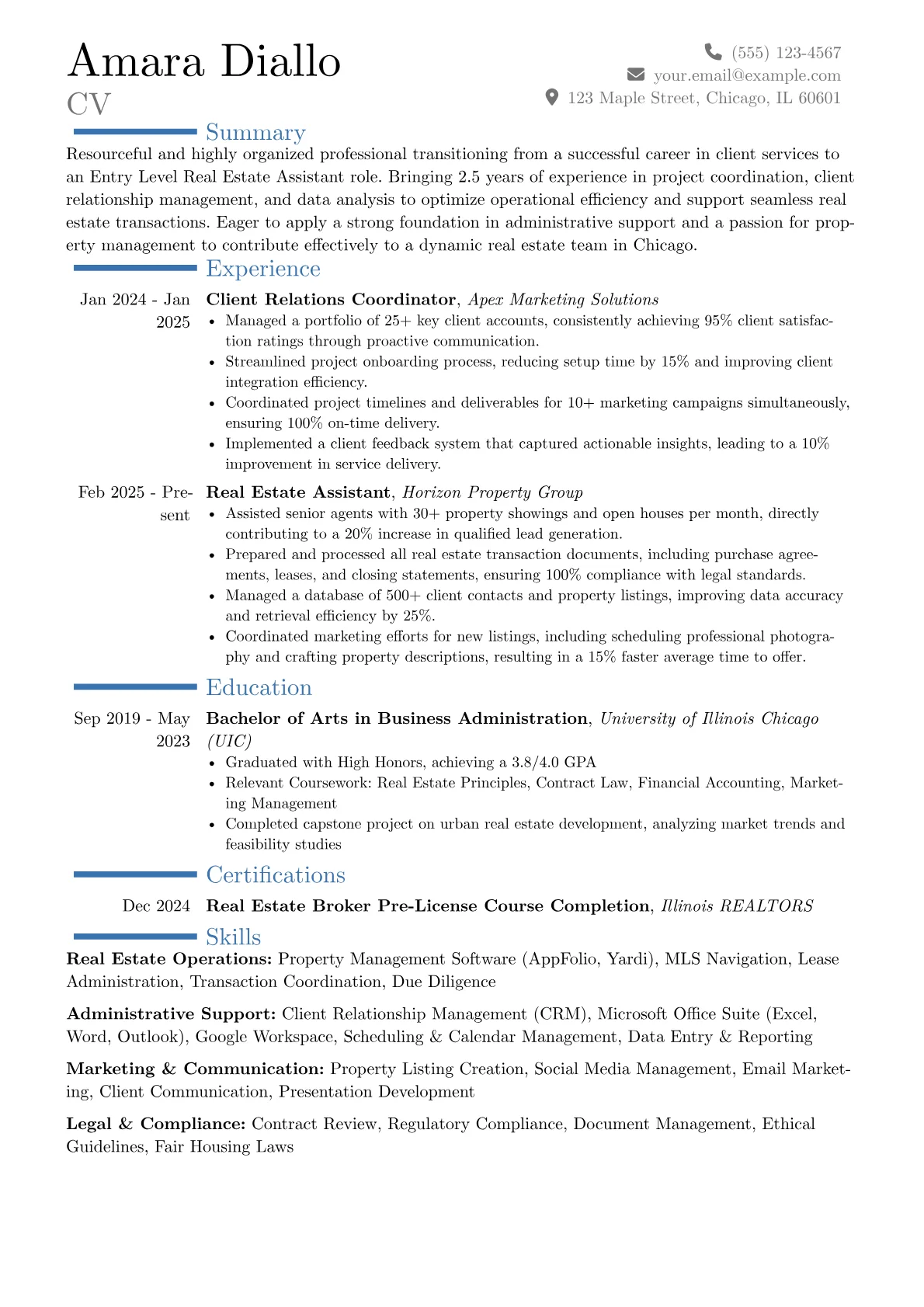 Entry Level Real Estate Assistant resume example, Career changer, page 1