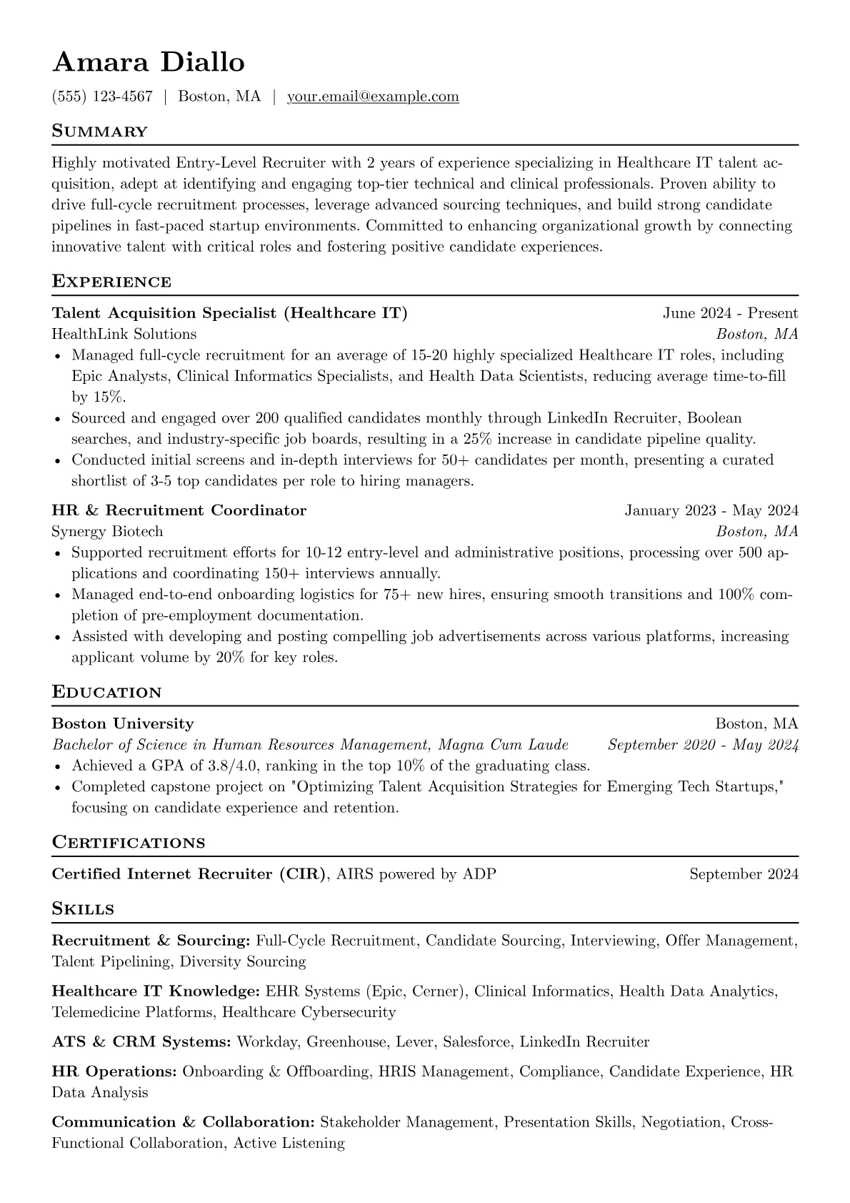 Entry-Level Recruiter resume example, Healthcare IT Recruiter, page 1