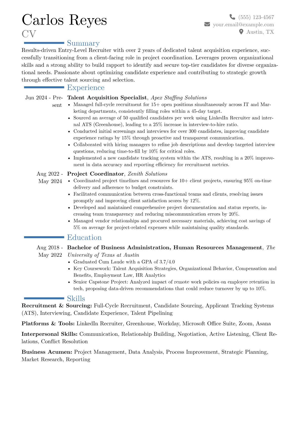 Entry-Level Recruiter resume example, Career changer, page 1