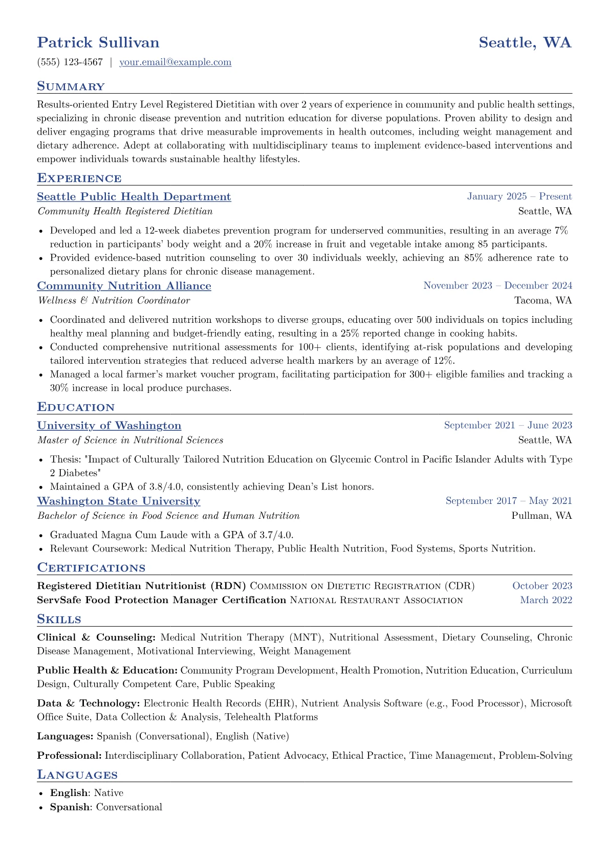 Entry Level Registered Dietitian resume example, Community Health, page 1