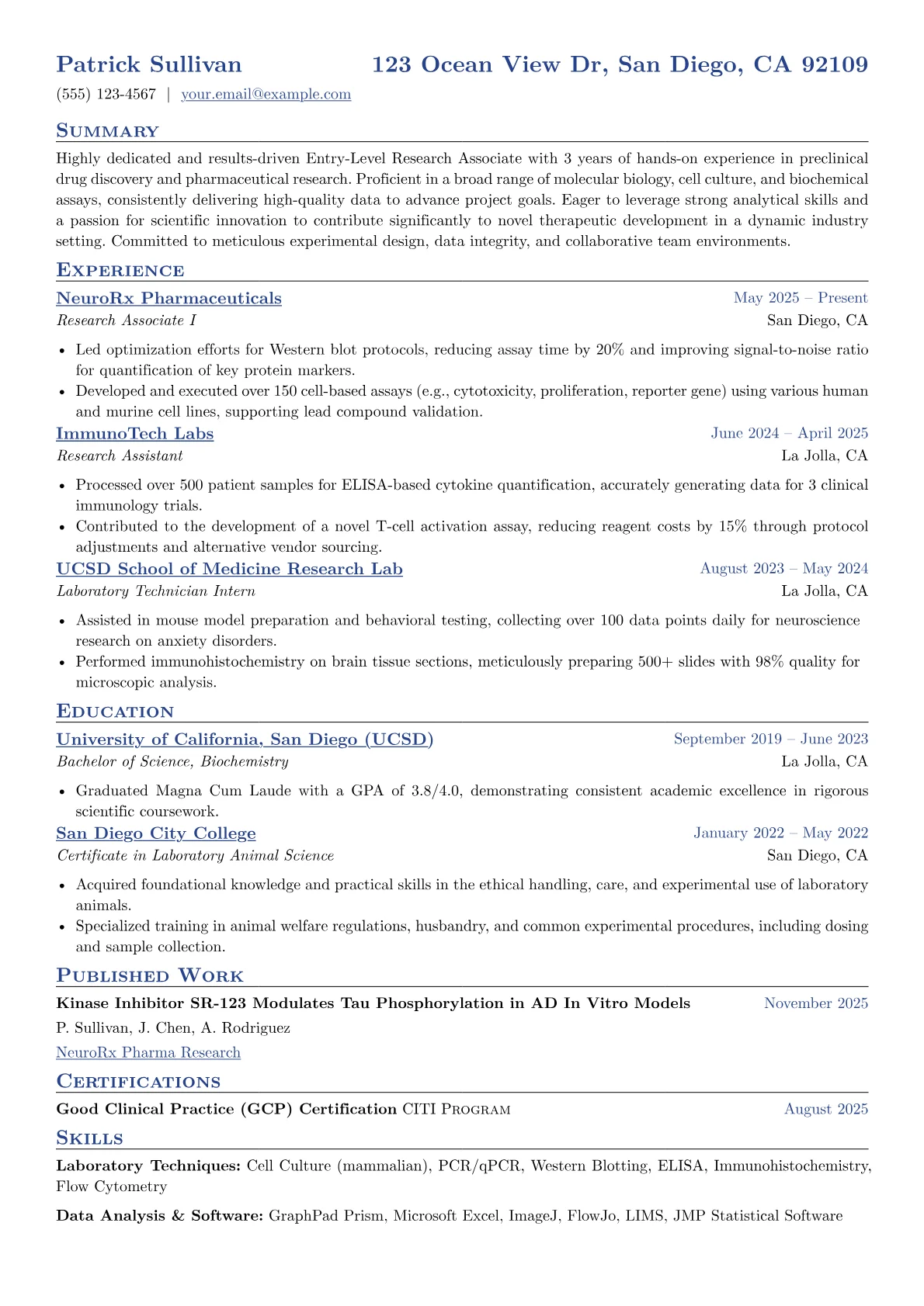 Entry-Level Research Associate resume example, Preclinical Drug Discovery, page 1