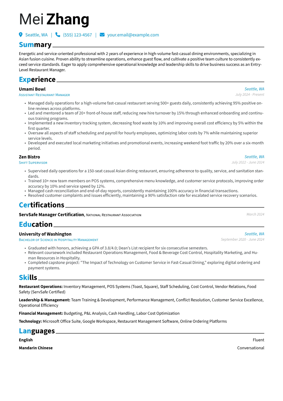 Entry-Level Restaurant Manager resume example, Entry-Level Restaurant, page 1