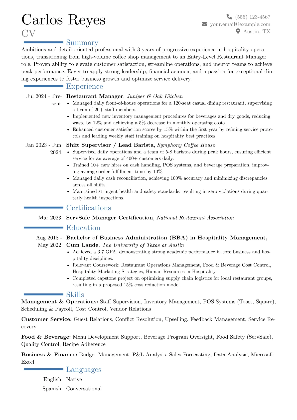 Entry-Level Restaurant Manager resume example, Career changer, page 1