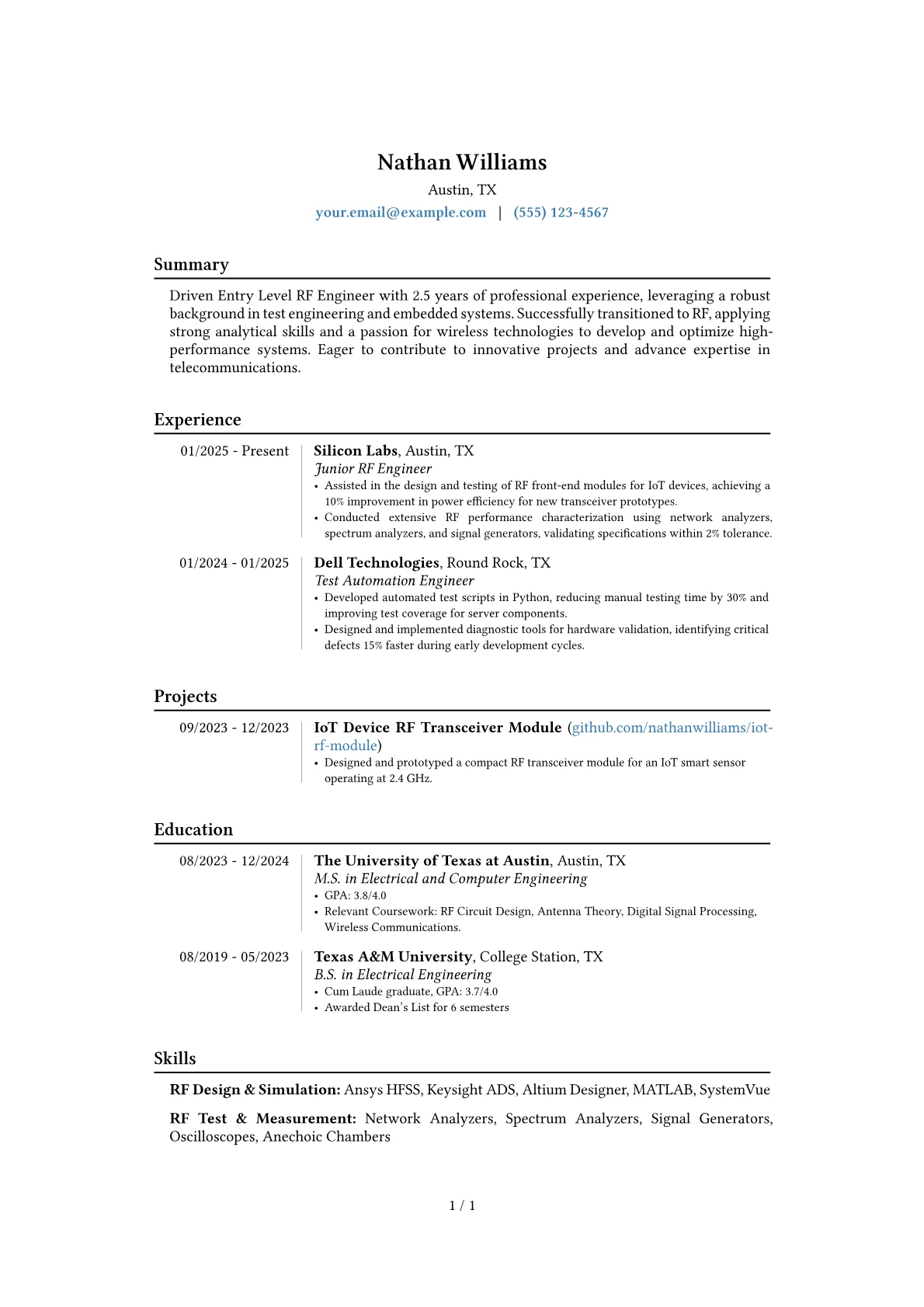 Entry Level RF Engineer resume example, Career changer, page 1