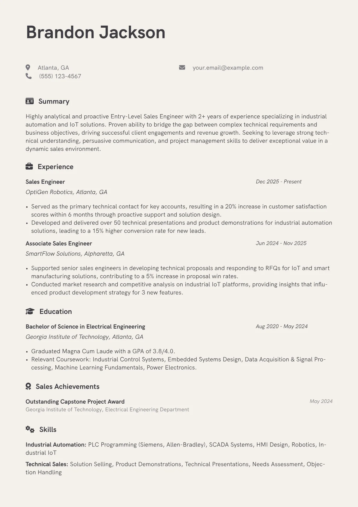 Entry Level Sales Engineer resume example, Entry Level Industrial IoT, page 1