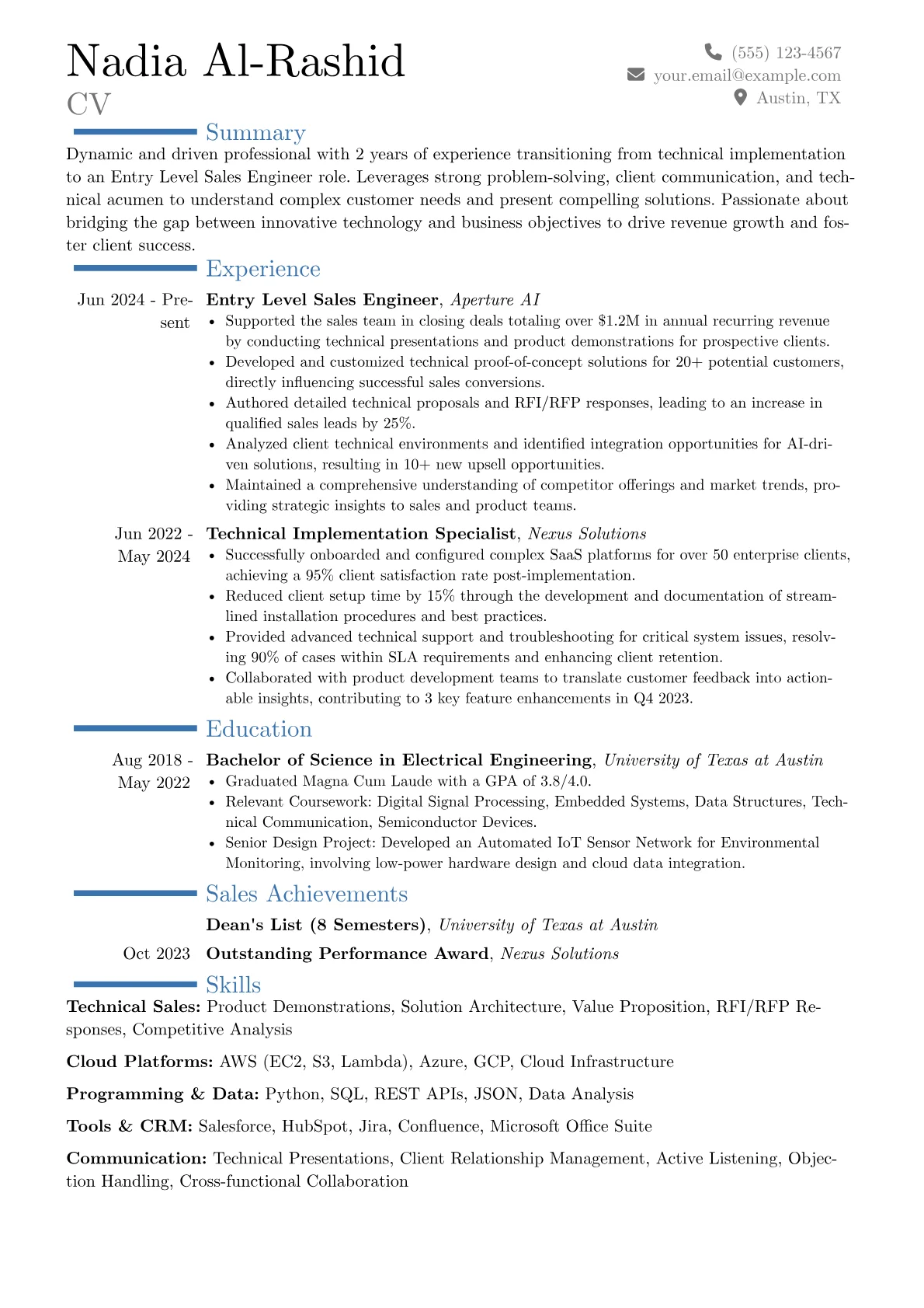 Entry Level Sales Engineer resume example, Career changer, page 1