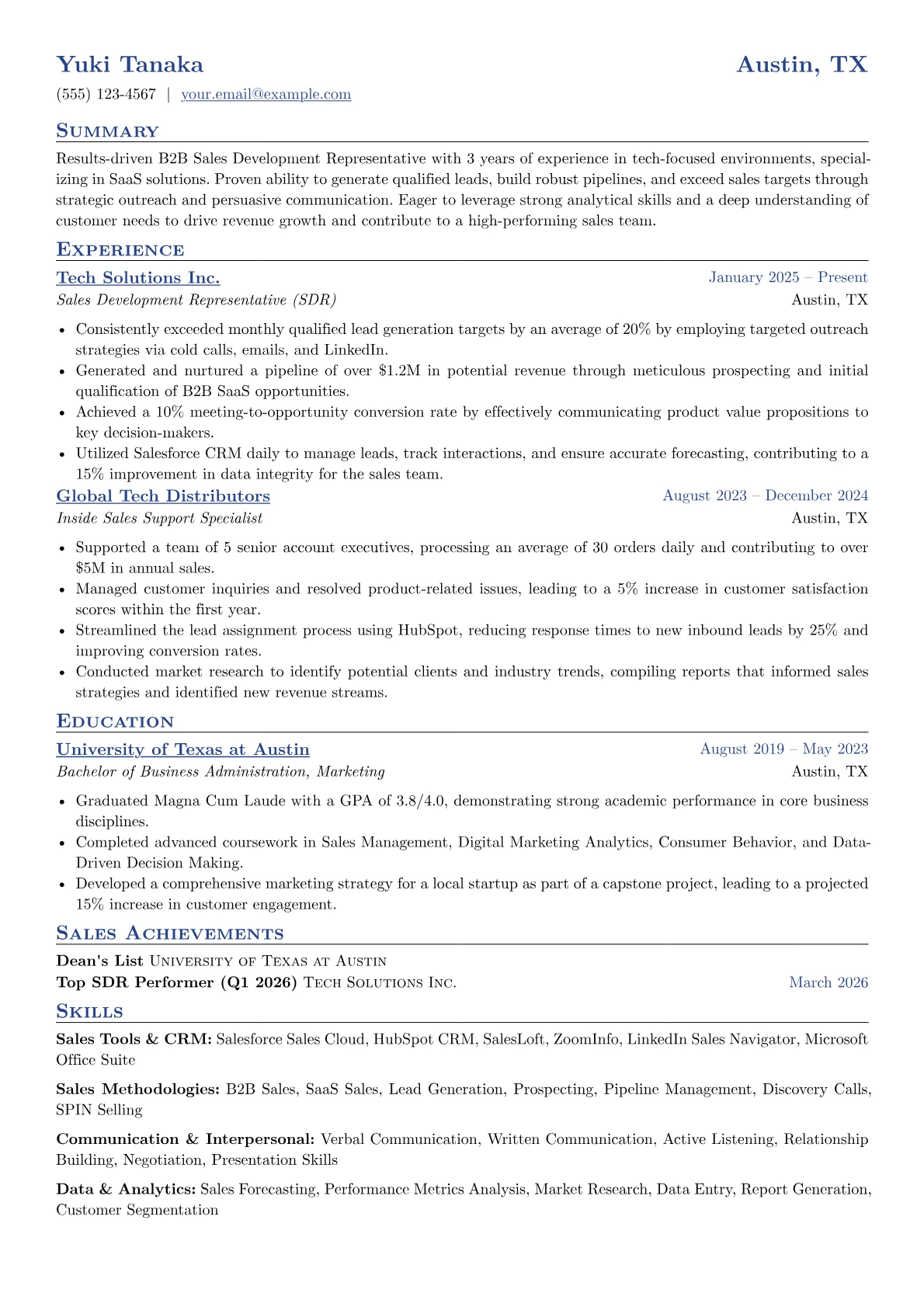 Entry-Level Sales resume example, B2B SaaS Sales Specialist, page 1