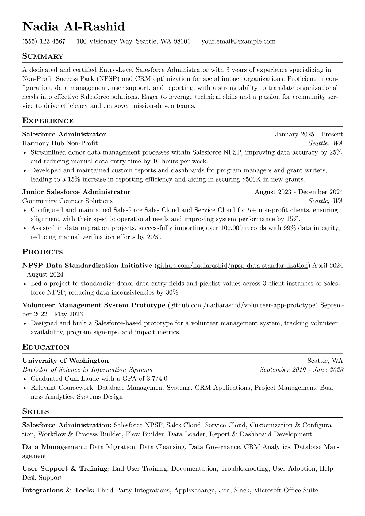 Entry-Level Salesforce Administrator resume example, Salesforce Administration, page 1