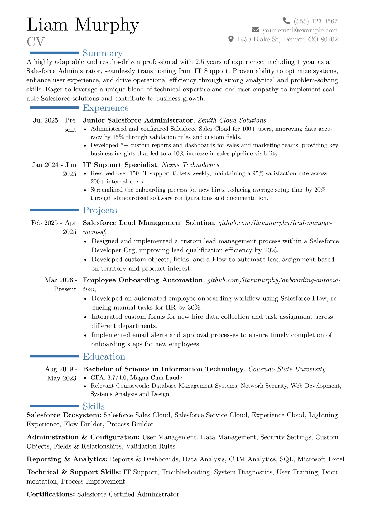 Entry-Level Salesforce Administrator resume example, Career changer, page 1
