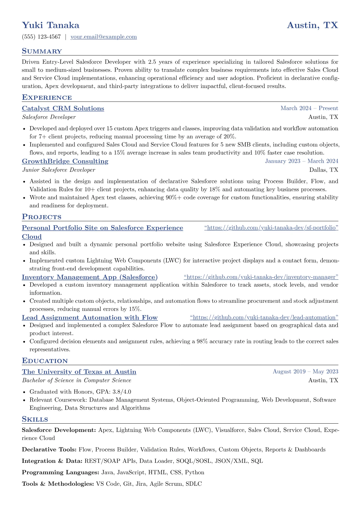 Entry-Level Salesforce Developer resume example, Salesforce Development, page 1