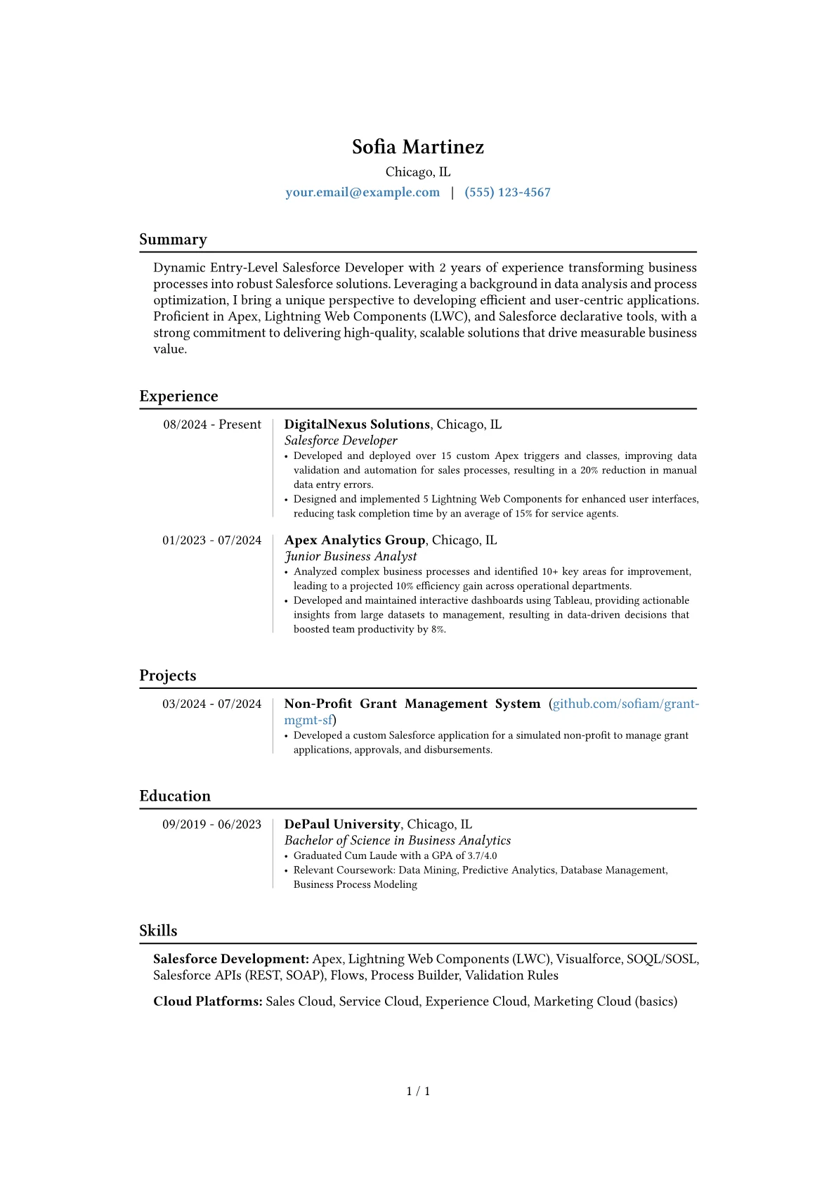 Entry-Level Salesforce Developer resume example, Career changer, page 1
