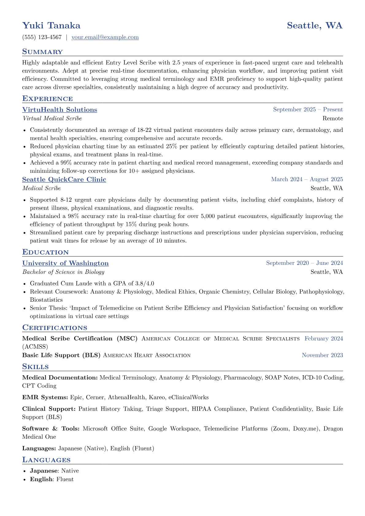 Entry Level Scribe resume example, Entry Level Scribe, page 1