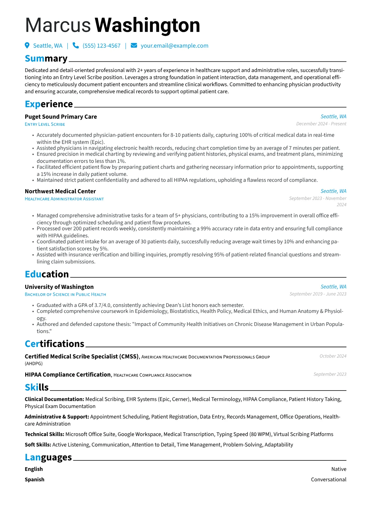 Entry Level Scribe resume example, Career changer, page 1