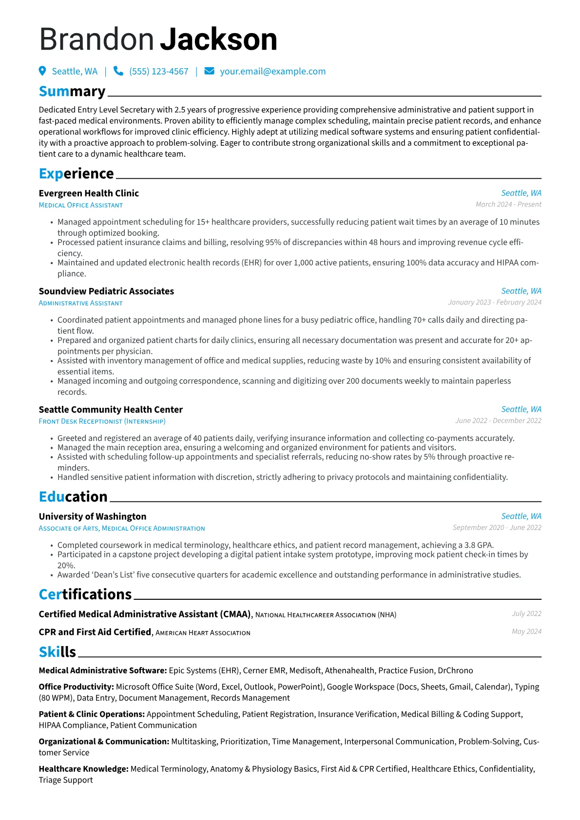 Entry Level Secretary resume example, Medical Administrative, page 1