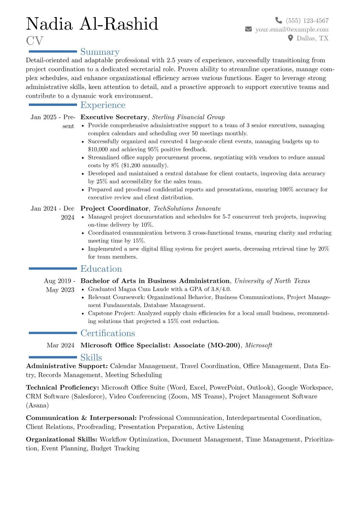 Entry Level Secretary resume example, Career changer, page 1