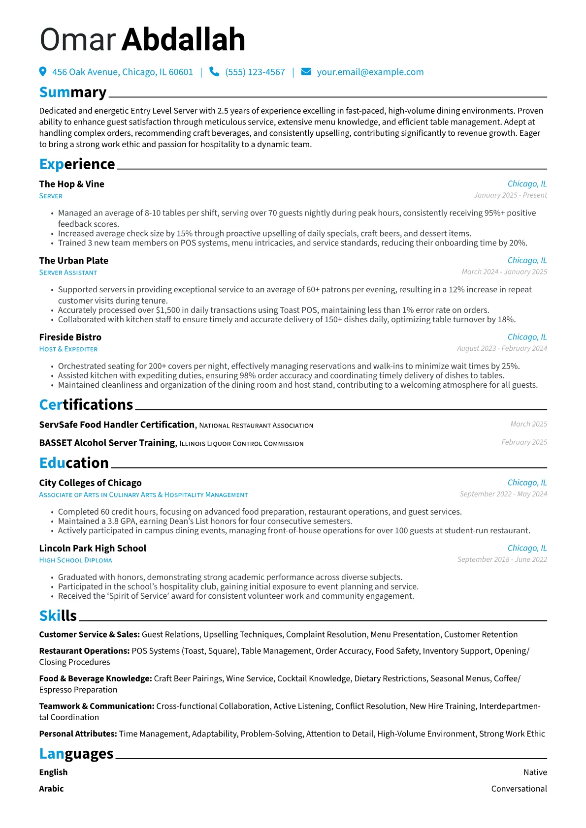 Entry Level Server resume example, Entry Level Server, page 1