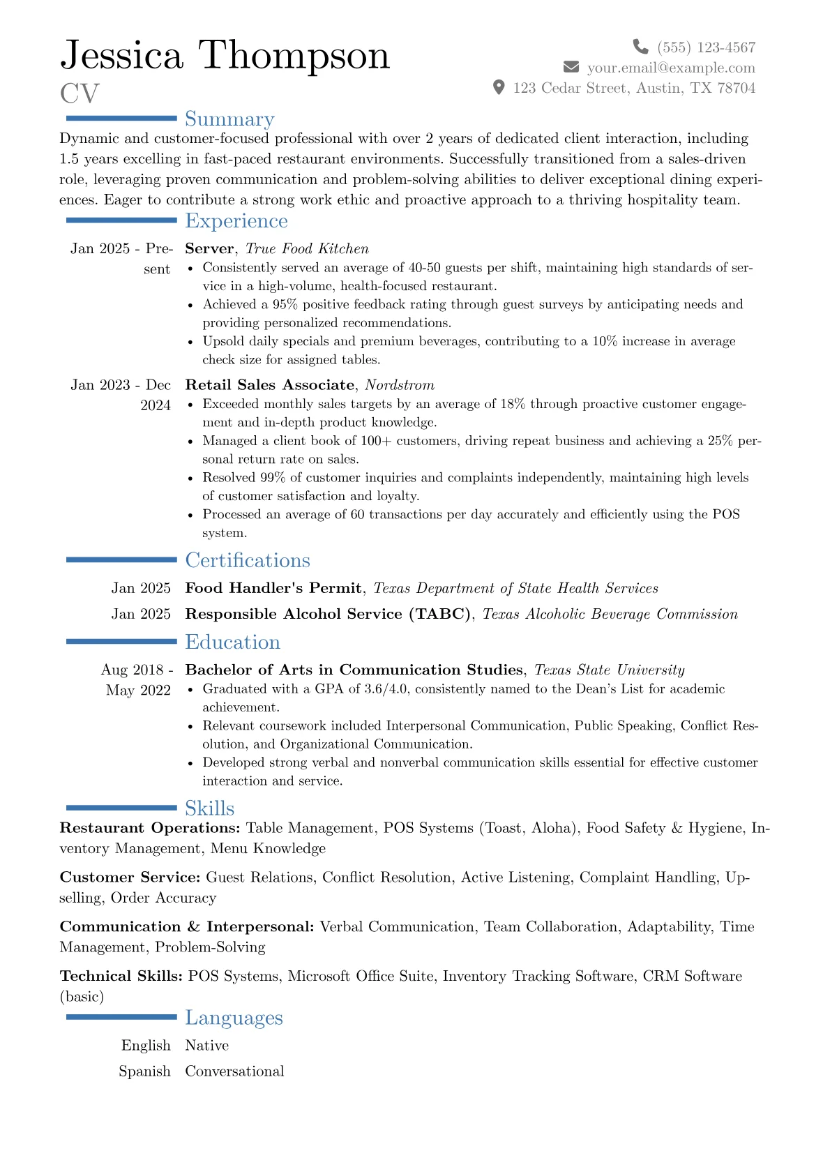 Entry Level Server resume example, Career changer, page 1