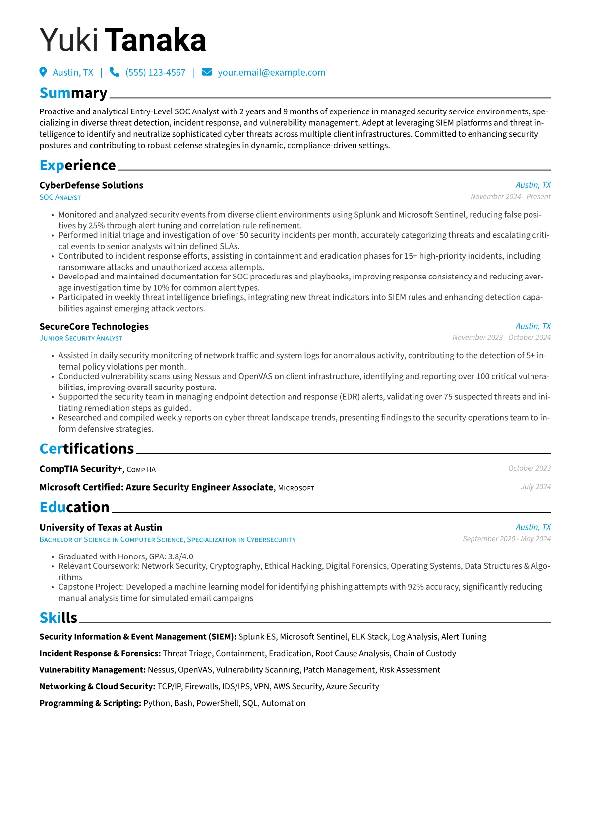 Entry-Level SOC Analyst resume example, Entry-Level SOC Analyst, page 1