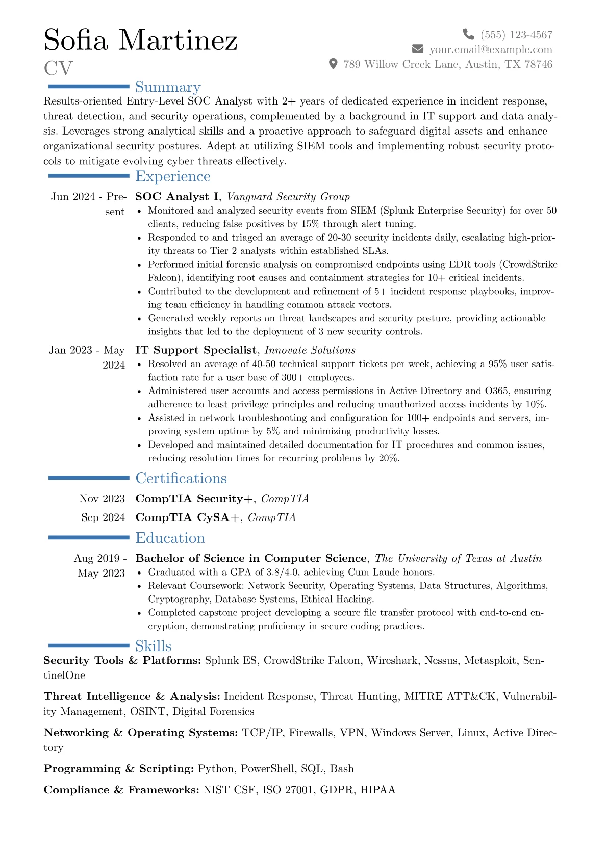 Entry-Level SOC Analyst resume example, Career changer, page 1