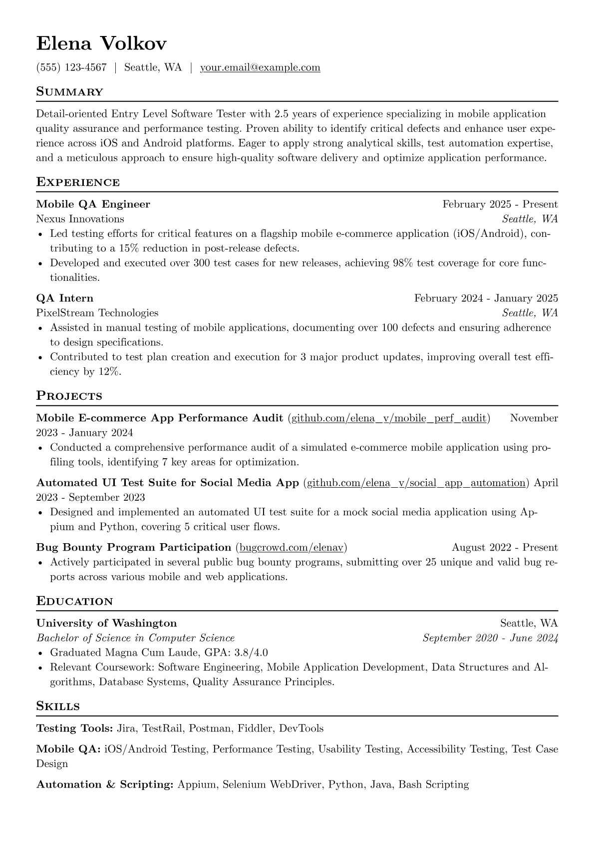 Entry Level Software Tester resume example, Mobile QA Specialist, page 1