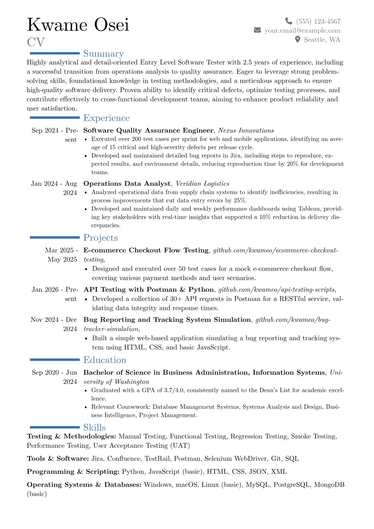 Entry Level Software Tester resume example, Career changer, page 1