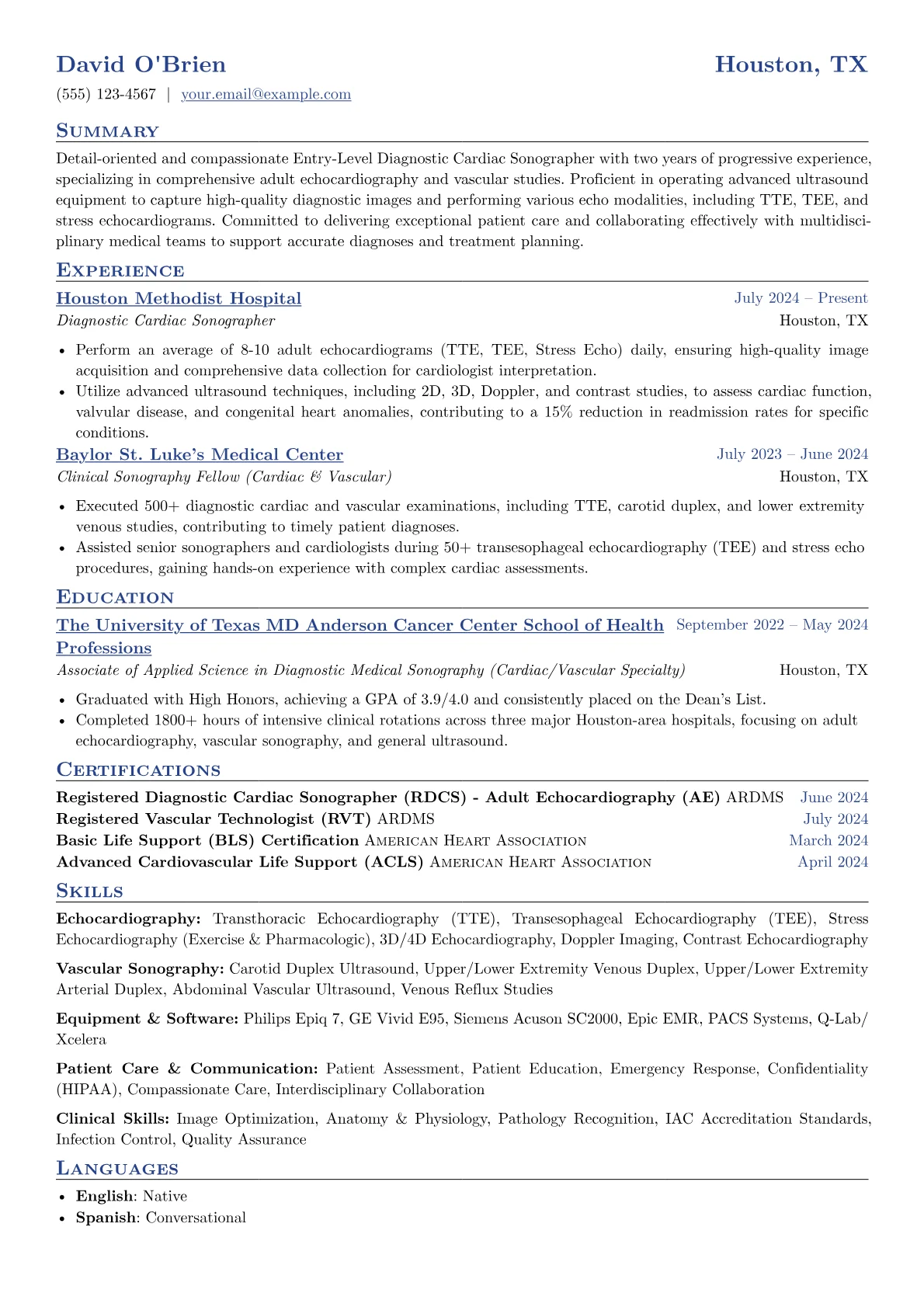 Entry-Level Sonographer resume example, Cardiac/Vascular, page 1