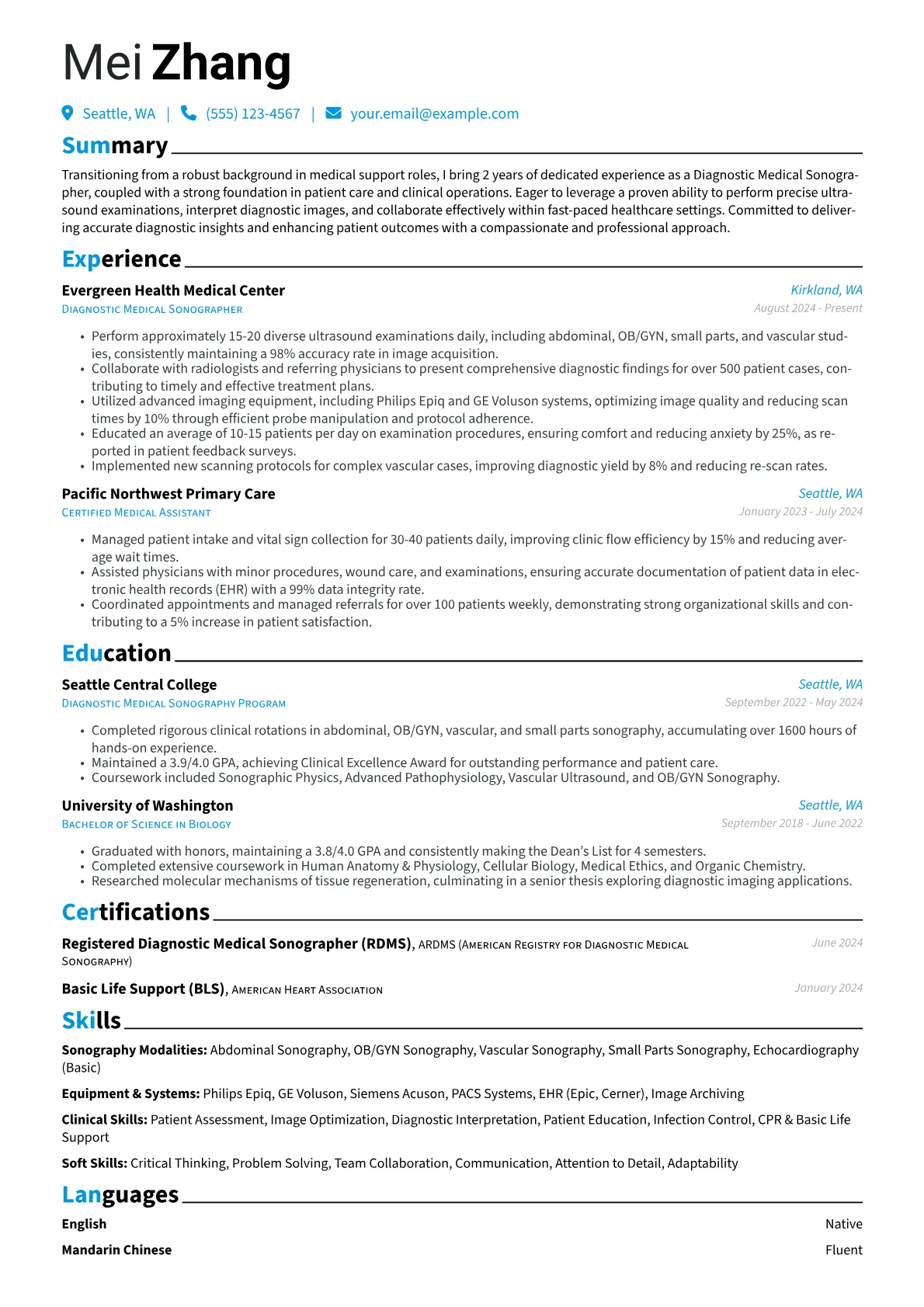 Entry-Level Sonographer resume example, Career changer, page 1