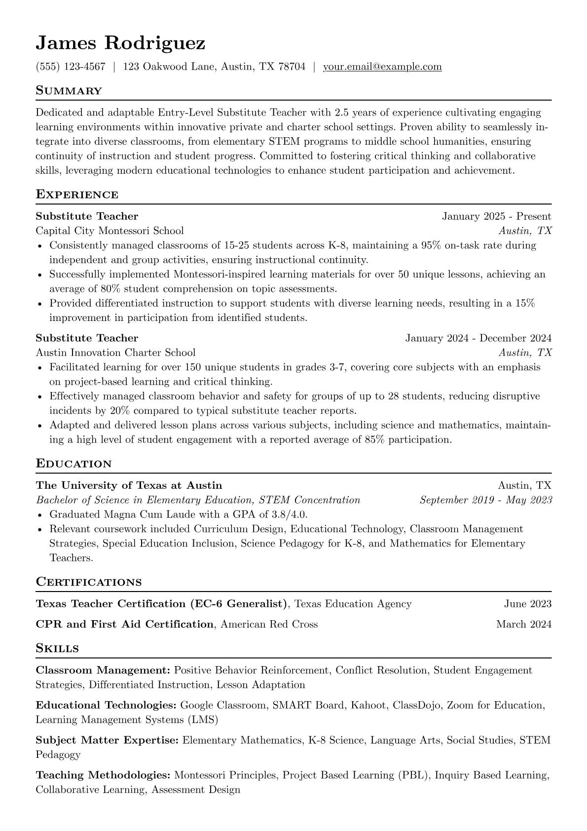 Entry-Level Substitute Teacher resume example, Entry-Level Substitute, page 1