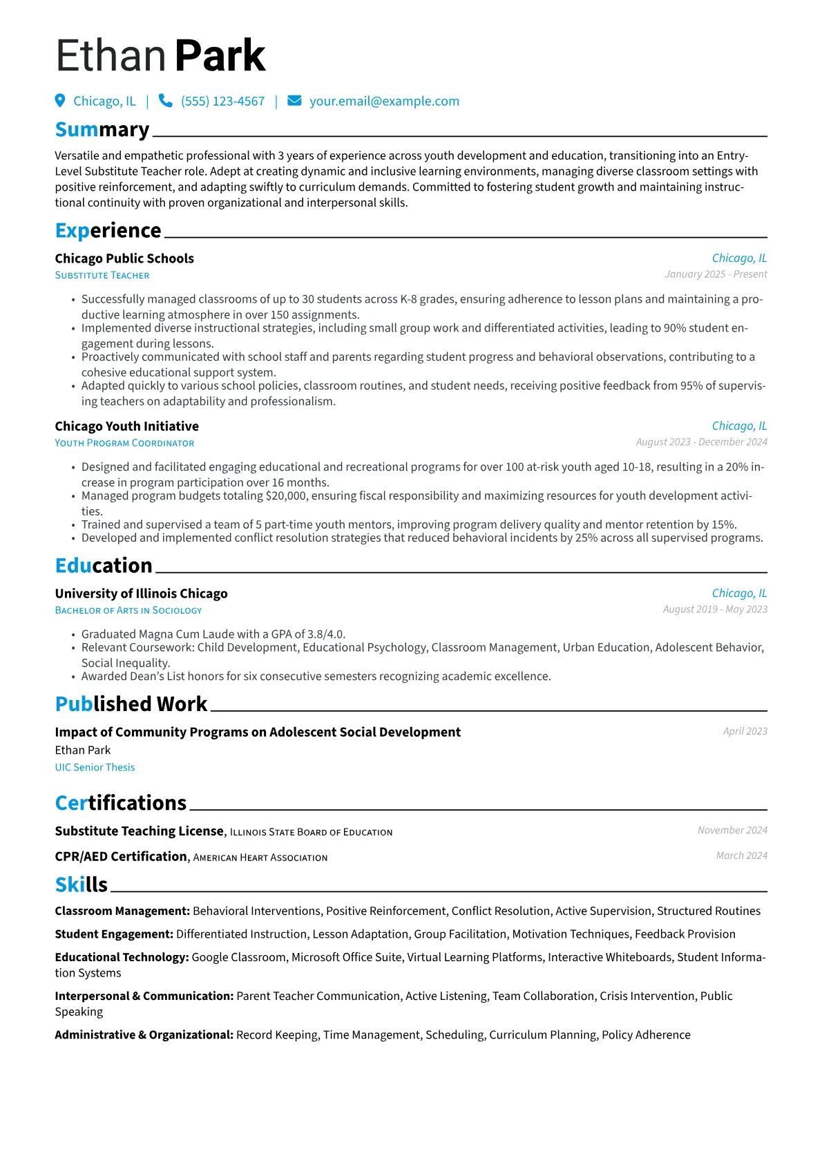 Entry-Level Substitute Teacher resume example, Career changer, page 1